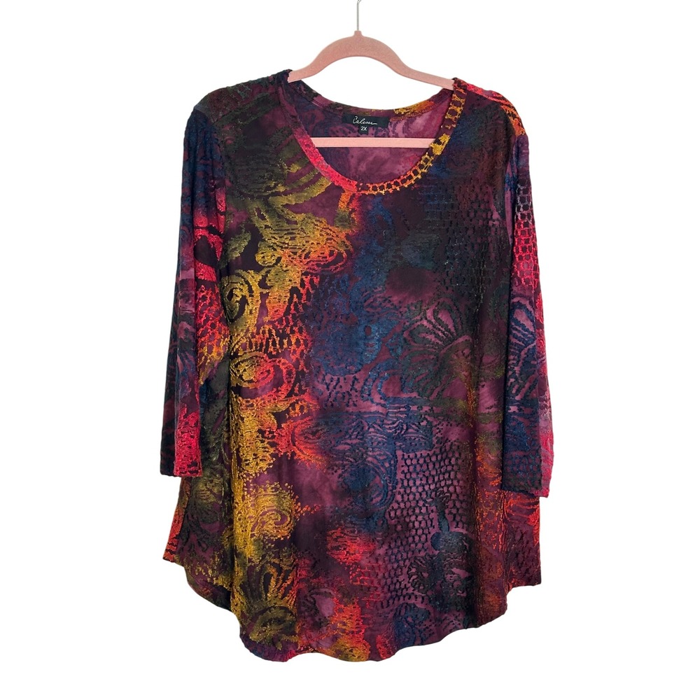Calessa Textured‎ Tunic Top Size 2X Multicolor 3/4 Sleeve Artsy Casual Travel